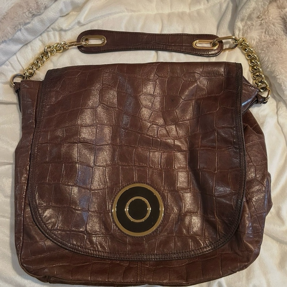 Badgley Mischka Croc-Embossed Brown Shoulder Bag
